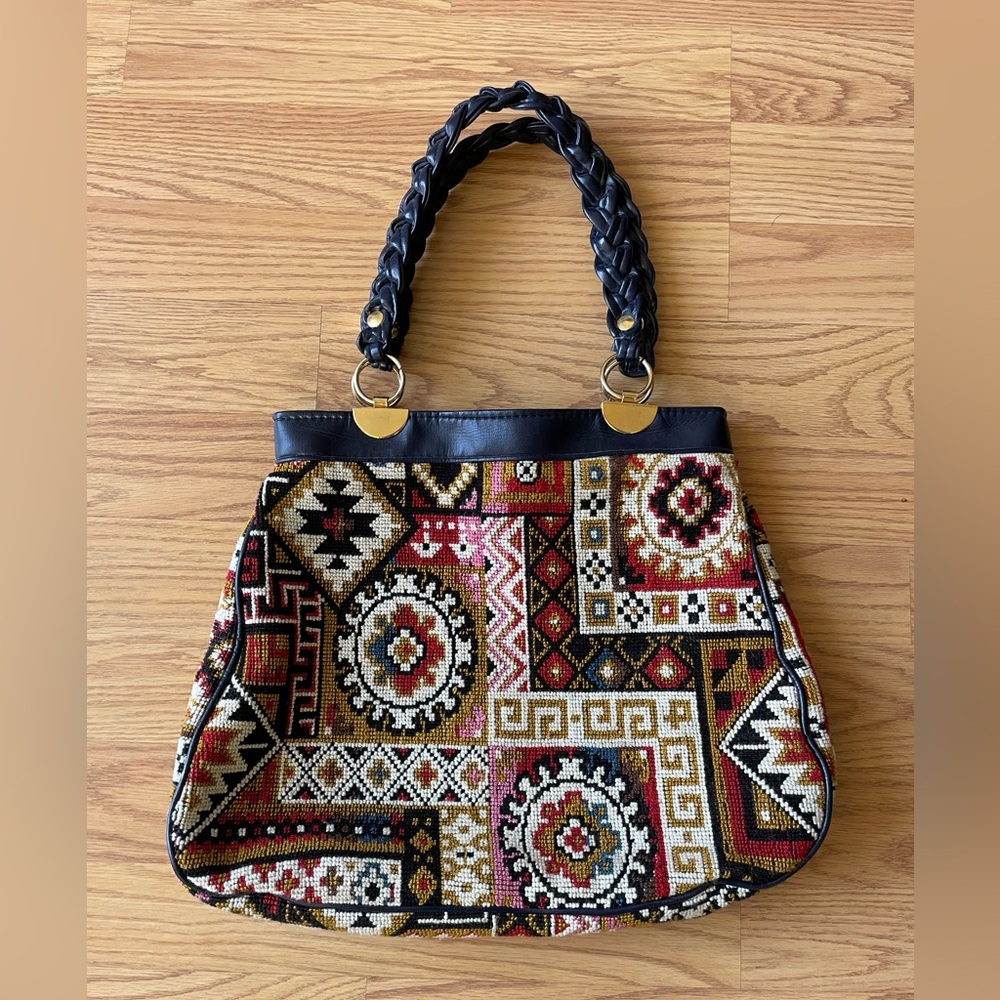 Vintage Tapestry Purse with Navy Leather Braided Straps